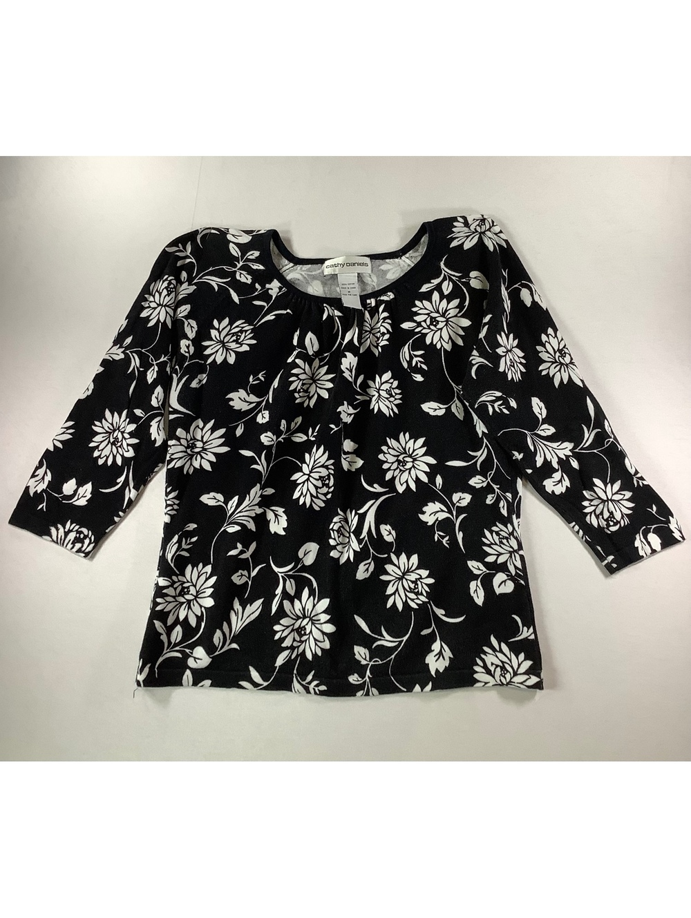 Cathy Daniels Black and White Floral Cotton Blouse, Size M